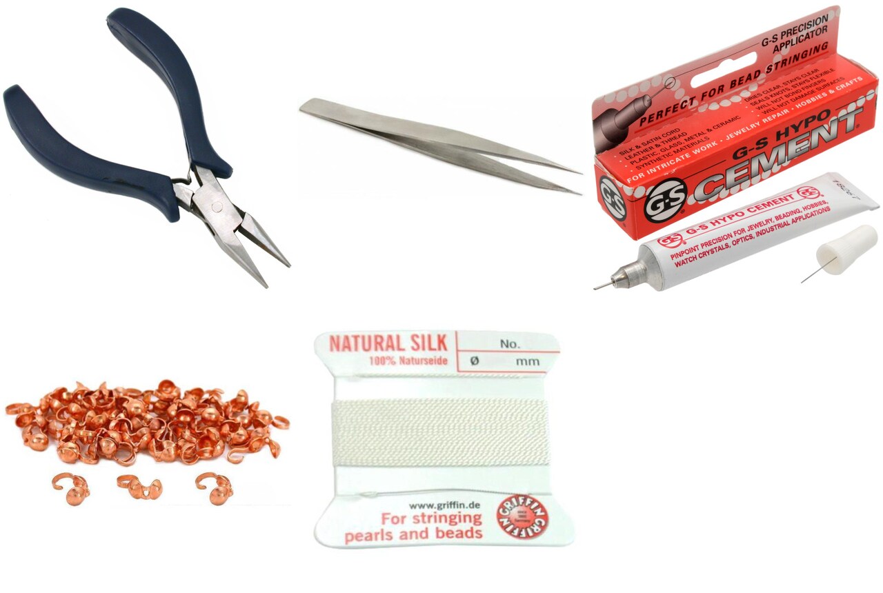 Bead Tip Kit - Pliers, Tweezers, Cement, 50 Bead Tips & White Bead Cord #3